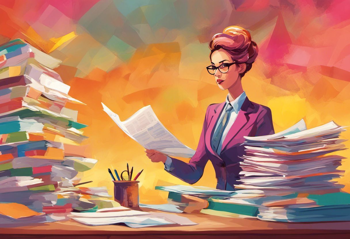Une femme d'affaires avec des papiers colorés en désordre